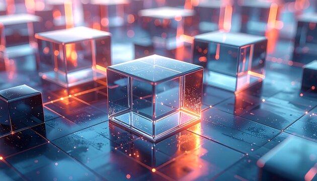 Abstract digital cubes with glowing lights.  A futuristic, technological design