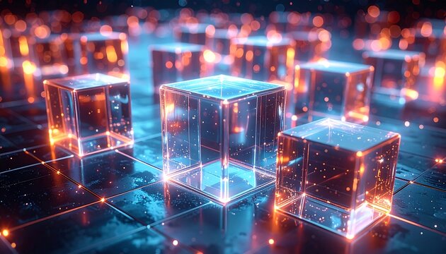 Abstract digital cubes with glowing lights (1) - Powered by Adobe