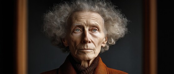 Close-up portrait of an elderly person with textured white hair and deep wrinkles, dramatically lit against a dark neutral background.
