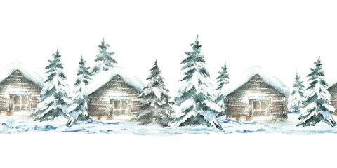 Fototapeta premium Winter landscape snow covered cabin with snowy spruce tree seamless border. Wooden house, chalet surrounded by snowdrifts. Watercolor painted pattern illustration isolated from background for holiday