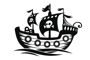 Stylized Pirate Ship on White Background with Skull Sails and Decorative Ropes