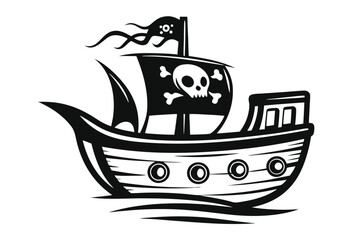 Stylized Pirate Ship Sailing with Skull Flag on White Background