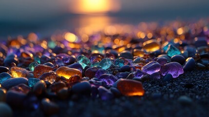A captivating closeup of sea glass on the beach at sunset, showcasing a spectrum of colors and textures