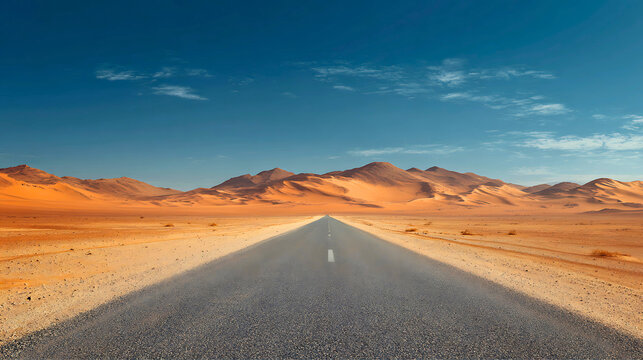 Endless asphalt road stretching towards distant golden sand dunes and rugged mountains under a clear blue sky