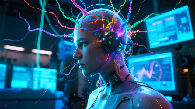 Cyborg with neural interface and colorful energy streams in a high-tech lab environment