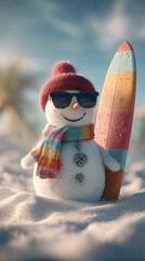 Snowman on the beach with a surfboard, enjoying a sunny day, wearing sunglasses and a scarf, a fun and whimsical scene
