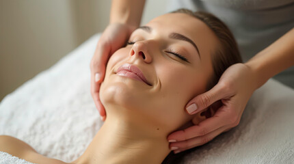 A woman receives a relaxing facial massage, her eyes closed in peaceful serenity