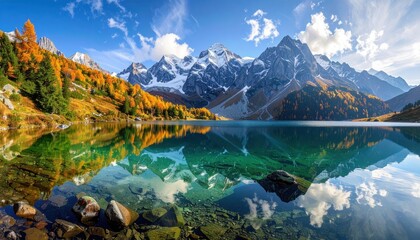 A serene alpine lake reflects the vibrant autumn foliage and snow-capped peaks in a breathtaking mountain panorama.