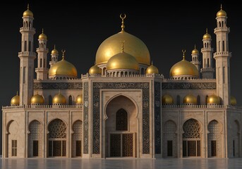 Obraz premium Stunning Mosque Architecture with Golden Domes and Intricate Calligraphy Beautiful Islamic Landmark and Spiritual Center Rich in Cultural Heritage