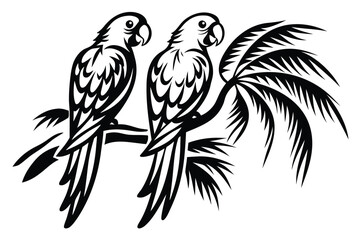 Two Detailed Parrot Birds on Palm Branch Silhouette on White Background