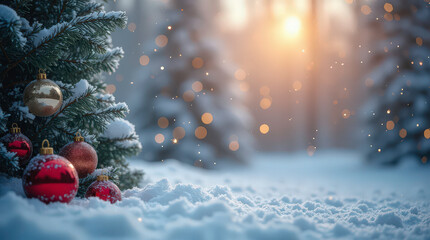 Christmas winter background with snow and blurred bokeh.Merry christmas and happy new year greeting card with copy-space