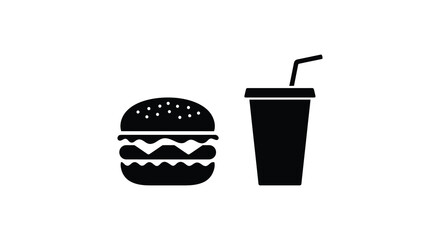 Simple black and white illustration of a burger and a drink