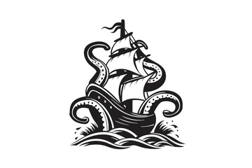 Vintage Sailing Ship Attacked by Kraken Tentacles, Sea Monster, on White Background