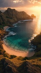 Vertical view of a secluded tropical beach with turquoise water and golden sand surrounded by lush green hills and rocky cliffs