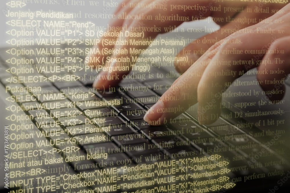 Poster hands typing on laptop computer with programming code