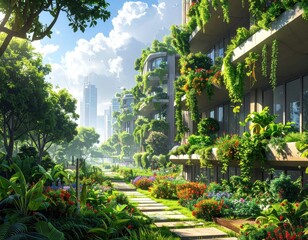 Obraz premium Lush greenery adorns modern, sustainable apartment buildings, creating a vibrant urban oasis.