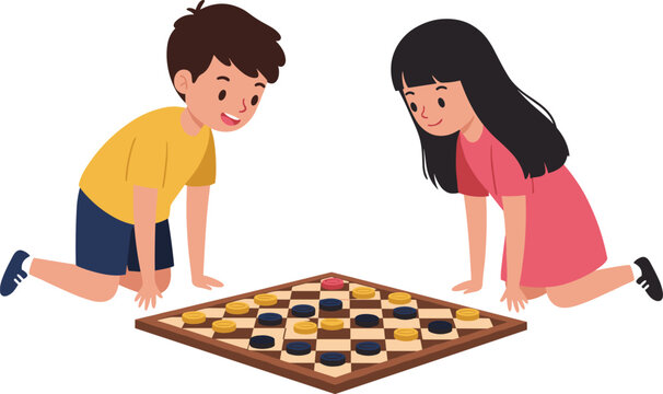 Happy kids playing board game checkers together on floor, boy and girl enjoying fun indoor activity, cartoon vector illustration