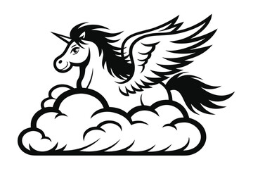 Winged Horse Design On Clouds With White Background