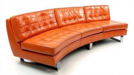 Fototapeta premium A sleek orange curved sofa with tufted detailing and modern chrome legs, ideal for contemporary living room designs or furniture catalogs, Use it for interior design projects or promotional materials