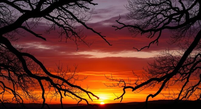 A wonderful view of tree without leaves at sunset time  - Powered by Adobe