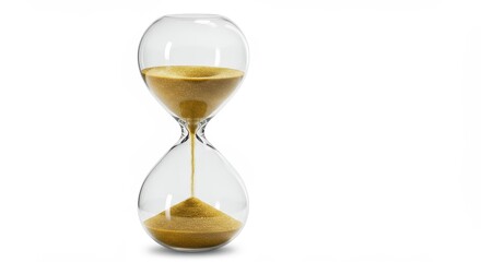 A clear glass hourglass with golden sand shows the passage of time against a plain white background.