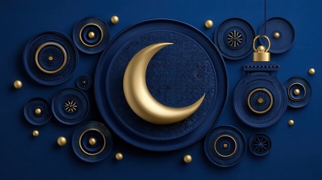 A beautifully crafted arrangement featuring a golden crescent moon and decorative elements on a deep blue background, perfect for use in designs related to night themes, festivals, or cultural events