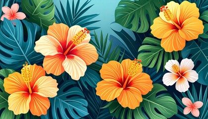 Exotic tropical garden with blooming orange hibiscus and green palm leaves.