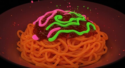 A vibrant, digital illustration of spaghetti with vibrant pink and neon green sauces, set against a deep maroon plate, radiating a playful energy.