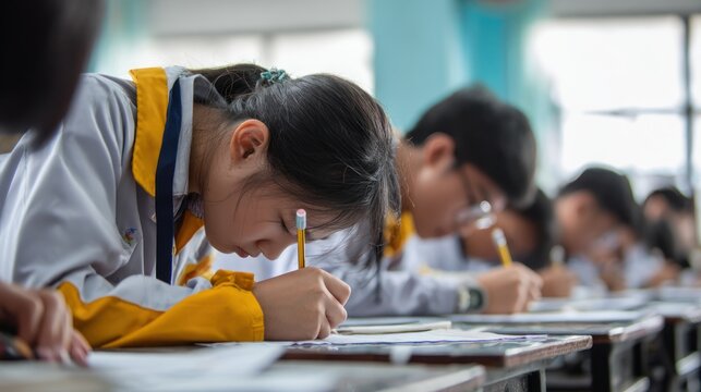Focused Students Engaged in Writing Tasks in Classroom Setting