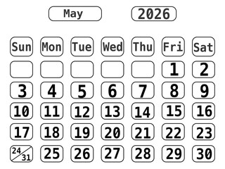 Black Line Art 2026 Calendar template with No Background, May 2026