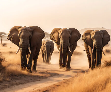Elephants marching together along savanna pathway