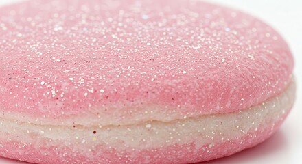 Fototapeta premium Close-up of a pink confectionery item, glistening with fine white glitter, showcasing a smooth surface and a delicate layering.
