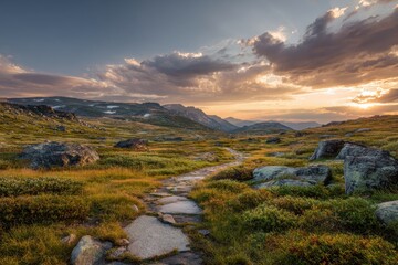 Sunset Mountain Path: Stone Trail Winding Through Alpine Tundra Landscape