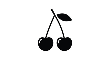 Simple black and white illustration of two cherries with stems and leaves