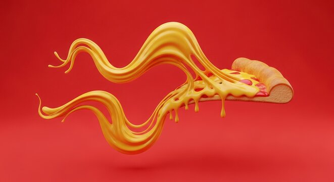 A floating pizza slice isolated on red background