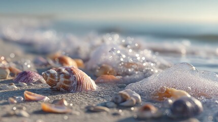 Closeup of seashells on the beach with foamy waves gently washing over them in the soft morning light creating a peaceful scene