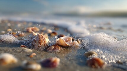 Closeup of seashells on the beach with foamy waves gently washing over them in the soft morning light creating a serene scene