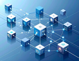 Abstract illustration depicting interconnected blue cubes with icons, representing a network or blockchain technology.