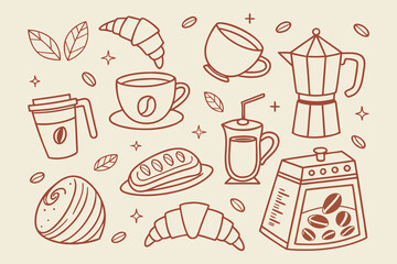 Cute Line Art Illustration of Coffee and Breakfast Items
