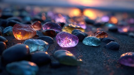 Closeup of colorful glowing stones on a beach at dusk, creating a magical and enchanting atmosphere with soft light