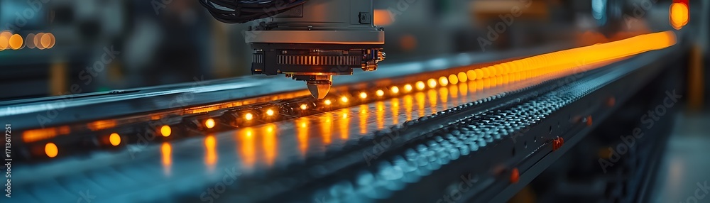 Poster robotic arm processing hot glowing metal on an automated production line in a factory