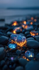 Closeup of colorful glowing stones on a beach at dusk, creating a magical and enchanting atmosphere with soft light