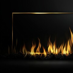Naklejka premium A dramatic visual featuring vibrant flames against a dark background with a sleek golden frame, ideal for use in advertising, social media content, or graphics that evoke warmth and energy,