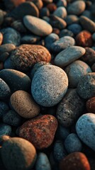 Closeup of colorful pebbles on a beach, creating a textured and natural pattern with smooth, rounded stones in various shades