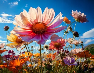 Creative concept of white daisy flowers arranged as a fluffy cloud with falling raindrops on a vibrant blue background, symbolizing spring freshness and nature&rsquo;s beauty.