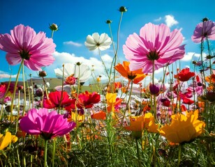 Creative concept of white daisy flowers arranged as a fluffy cloud with falling raindrops on a vibrant blue background, symbolizing spring freshness and nature&rsquo;s beauty.