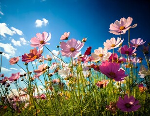 Creative concept of white daisy flowers arranged as a fluffy cloud with falling raindrops on a vibrant blue background, symbolizing spring freshness and nature&rsquo;s beauty.