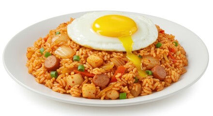 A plate of vibrant, flavorful kimchi fried rice, topped with a fried egg, displays a delicious, colorful meal.