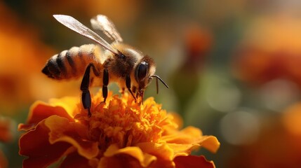 Honeybee on Orange Marigold Flower