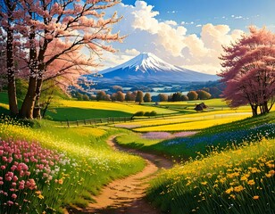 Creative concept of white daisy flowers arranged as a fluffy cloud with falling raindrops on a vibrant blue background, symbolizing spring freshness and nature&rsquo;s beauty.